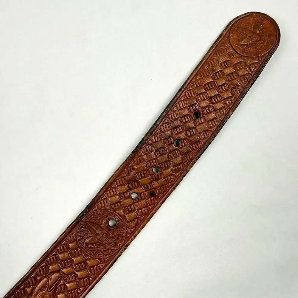 Vintage Boy Scouts Fleur-de-Lis Belt Embossed Leather Brass Buckle Men’s 34